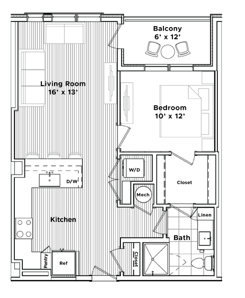 Floor plan for 1 bed, 1 bath, 792 sqft